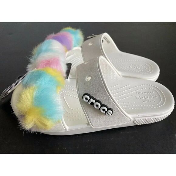 CROCS Classic Fur Sure Sandals Unisex Sz 7 Women’s White Rainbow NWT - Picture 5 of 8